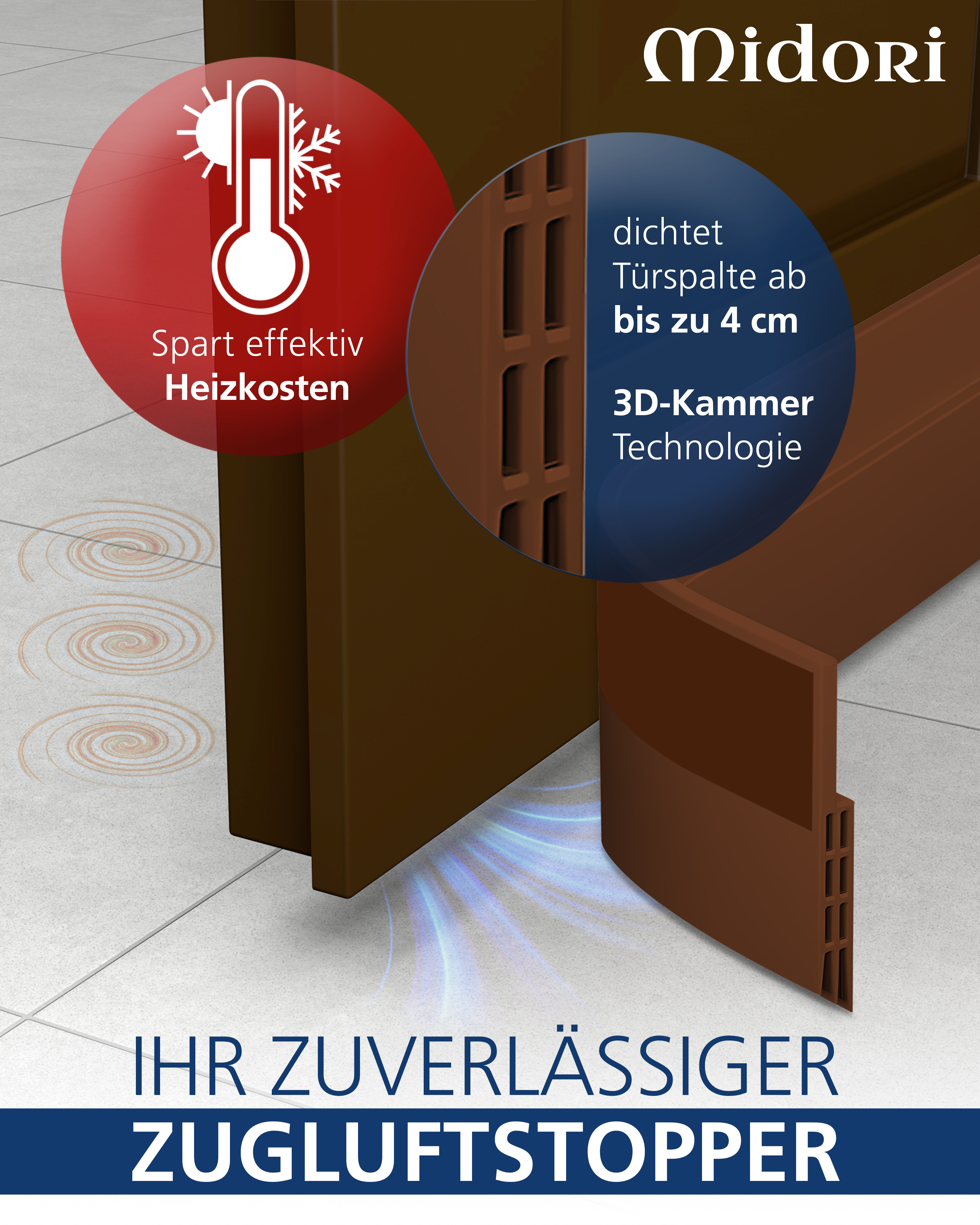 MIDORI Tür Zugluftstopper Tür-Dichtung Türbodendichtung selbstklebend 100cm