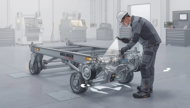 Wartung und Pflege von Abrollwagen, dargestellt durch einen Arbeiter bei der Inspektion.