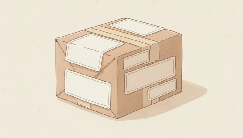 Ein Bild von selbstklebenden Adressetiketten auf einem Paket.