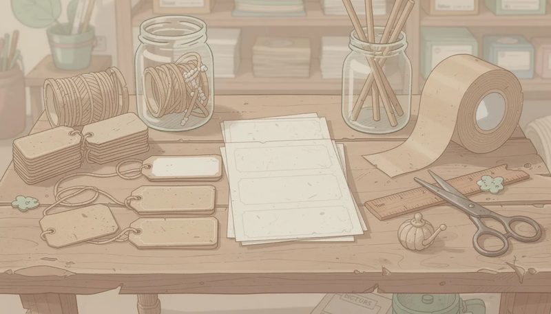 Recyclingfähige Materialien für Adressetiketten auf einem Tisch.