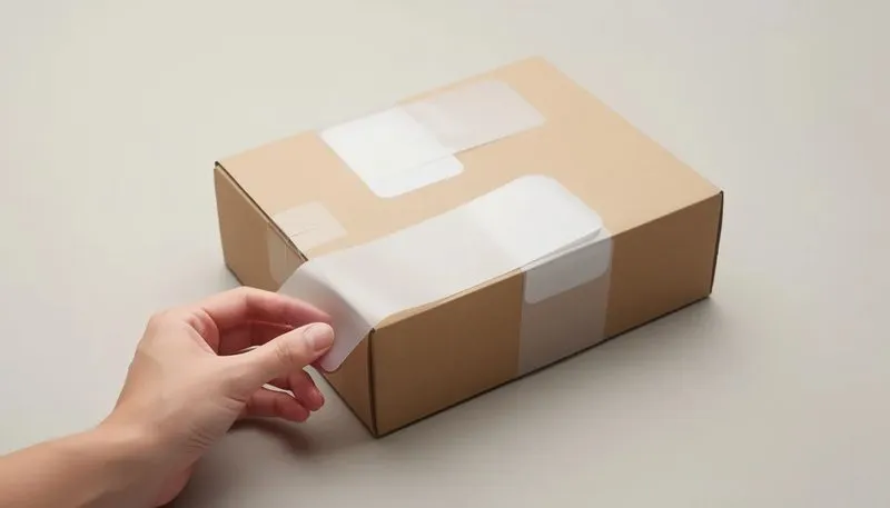 Anwendung und Aufkleben von transparenten Adressetiketten auf einem Paket.