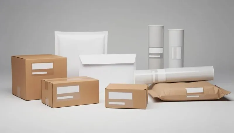 Transparente Adressetiketten auf verschiedenen Verpackungen für unterschiedliche Zwecke.