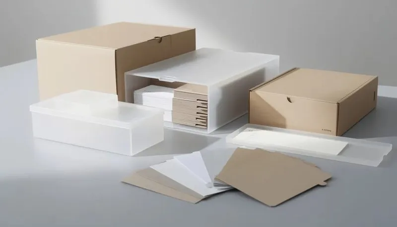 Verschiedene Materialien und Formate von Archivboxen und Registerblättern, einschließlich Kunststoff und Wellpappe.