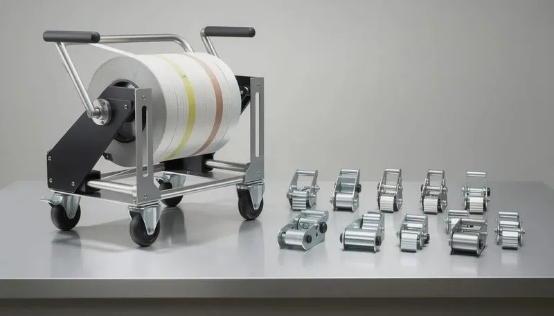 Zubehör für den Umreifungsprozess, einschließlich Abroller und Klemmen.