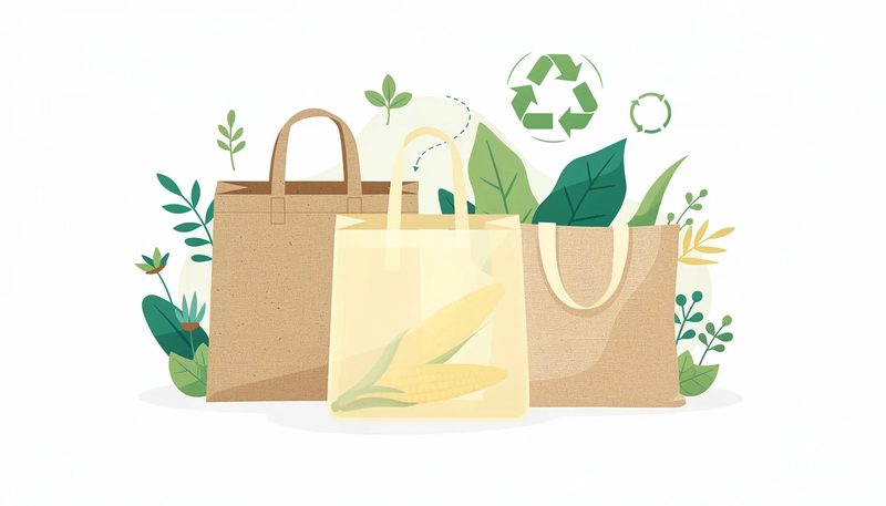Nachhaltige Materialien für Beutel, wie Maisstärke und Kraftpapier.