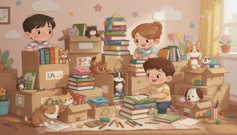 Vielseitige Verwendung von Bücherkartons für verschiedene Gegenstände.