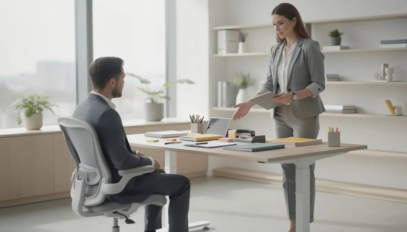 Ein Berater, der einem Kunden bei der Auswahl von Büroartikeln hilft.