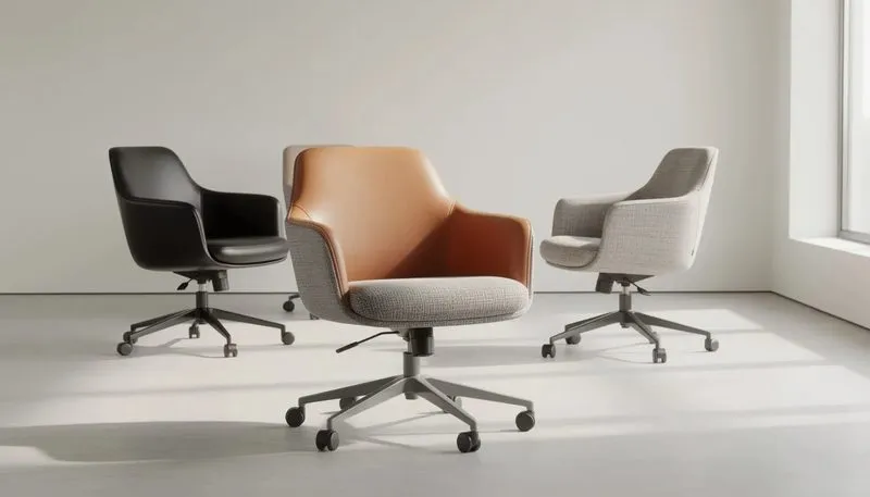 Verschiedene Materialien von Bürostühlen, darunter Kunstleder und Stoff, die Komfort und Qualität bieten.
