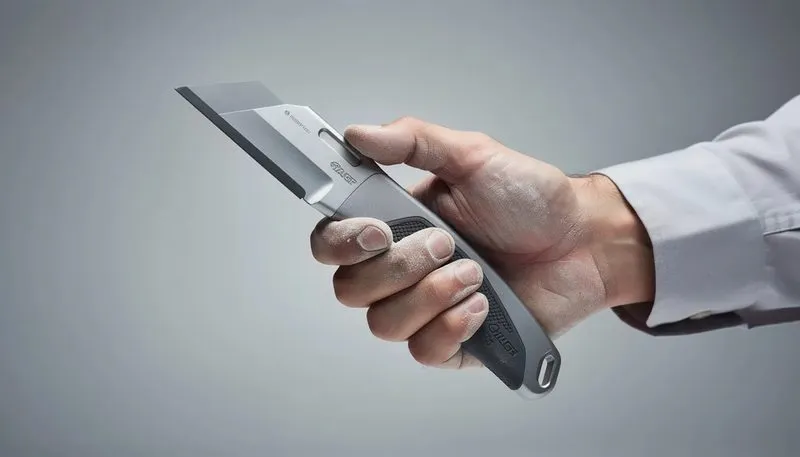 Ein ergonomisch gestaltetes Cuttermesser in der Hand eines Handwerkers.