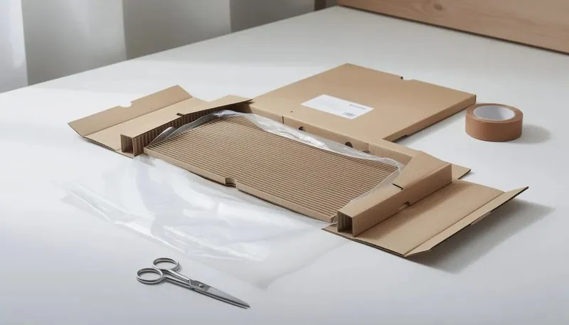 Umweltfreundliche Verpackung der Dekoplatte in Wellpappe und Folienbeutel.