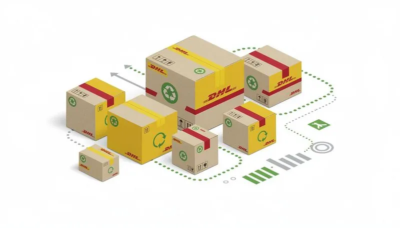 Umweltfreundliche Packsets von DHL, die nachhaltige Materialien zeigen.