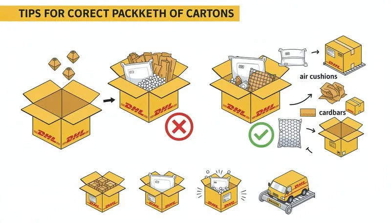 Tipps zur richtigen Verpackung von DHL Kartons mit Beispielen für Füllmaterialien.