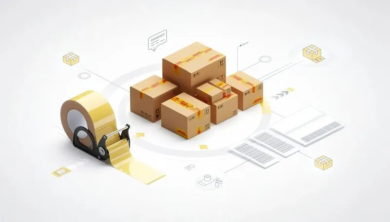 Zubehör für den Versand mit DHL Kartons, einschließlich Klebeband und Etiketten.