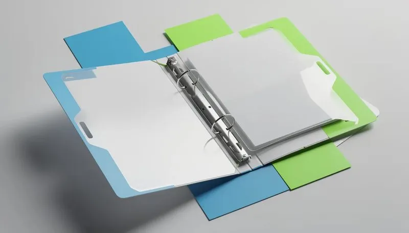 Ein Doppelordner mit speziellen Funktionen wie Raumsparschlitzen und einem Deckblatt.