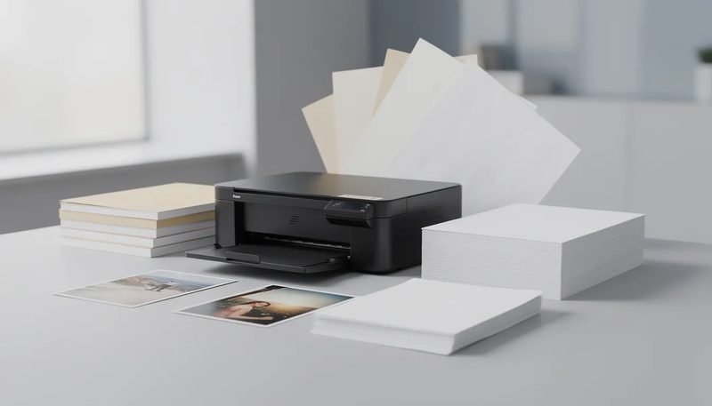 Ein Tintenstrahldrucker mit verschiedenen Papiersorten in der Nähe, darunter auch Druckerpapier.