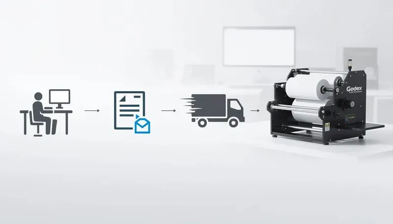 Der Bestellprozess für den Godex T10 Etikettenaufwickler, dargestellt in einem übersichtlichen Flowchart.