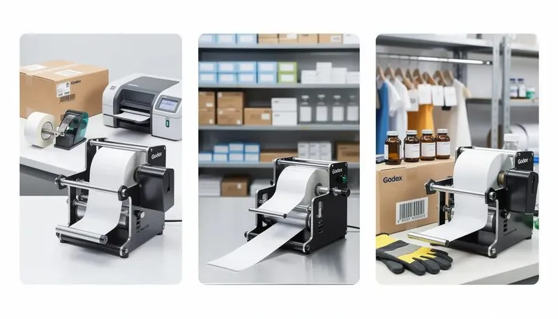 Anwendungsbeispiele für den Godex T10 Etikettenaufwickler in verschiedenen Branchen.