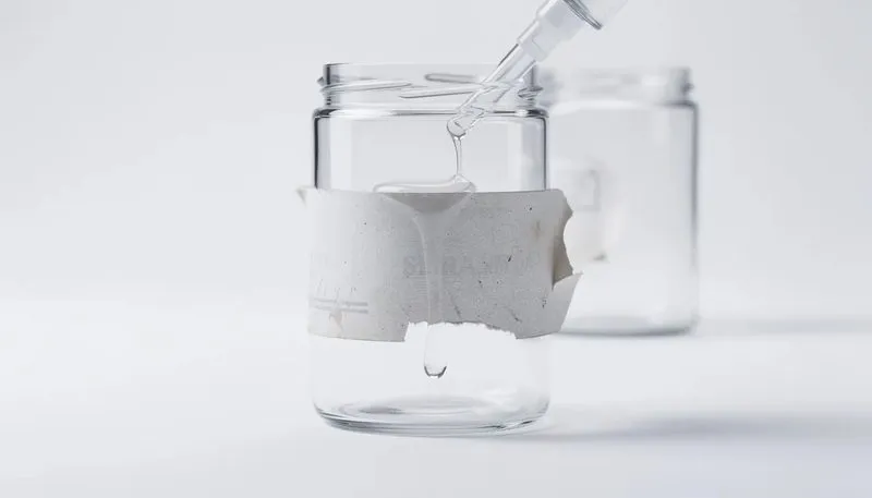 Ein Etikettenlöser wird auf ein Glasobjekt aufgetragen.