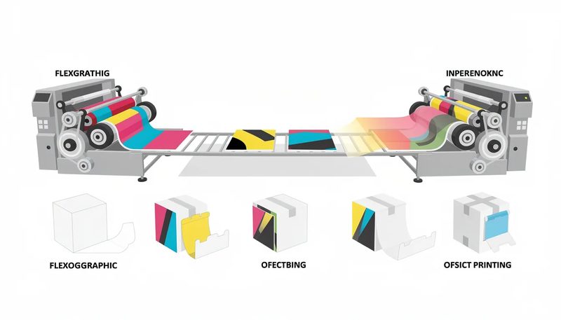 Verschiedene Druckverfahren für Faltkartons, einschließlich Flexodruck und Offsetdruck.