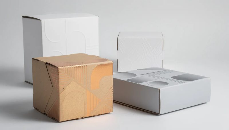 Beispiele für Veredelungen von Faltschachteln, wie Heißfolienprägung.