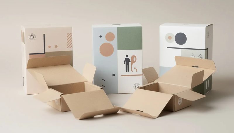 Bedruckte Faltschachteln mit verschiedenen Designs, die das Corporate Design hervorheben.