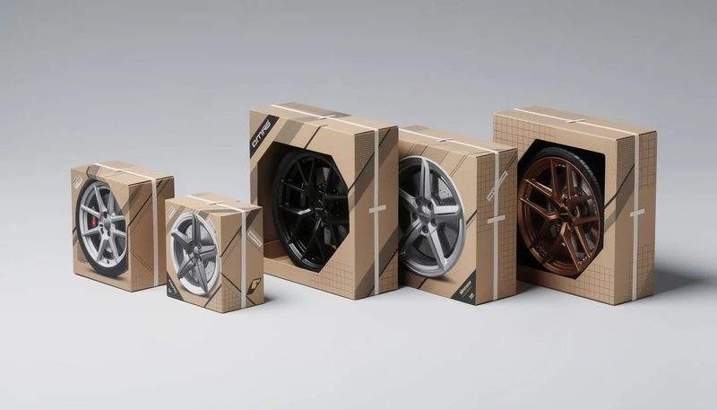 Einsatzbereiche für Felgenkartons, die verschiedene Felgen zeigen.