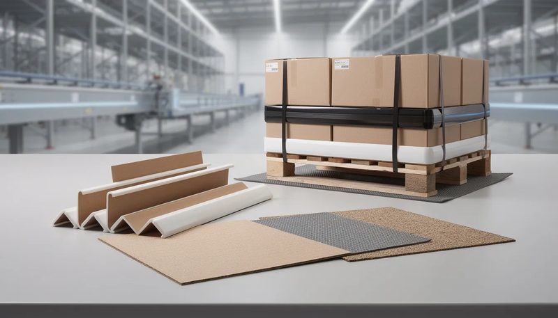 Zubehörteile für die Palettenumreifung, wie Kantenschutzwinkel und Antirutschpappen.