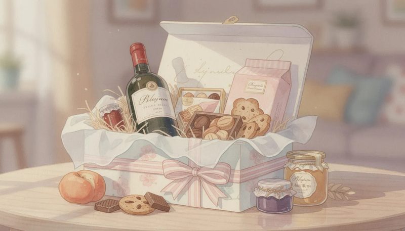 Hochwertige Produkte in einer Geschenkbox, darunter Wein und Leckereien.