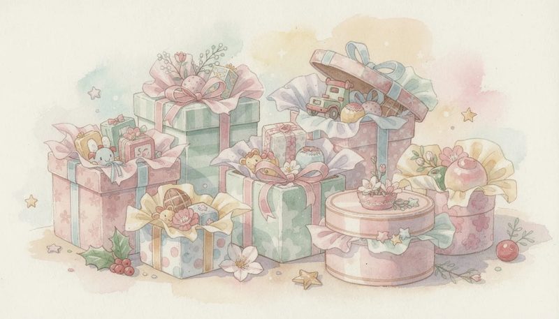 Geschenkboxen für verschiedene Anlässe, dekoriert mit Seidenpapier und kleinen Geschenken.