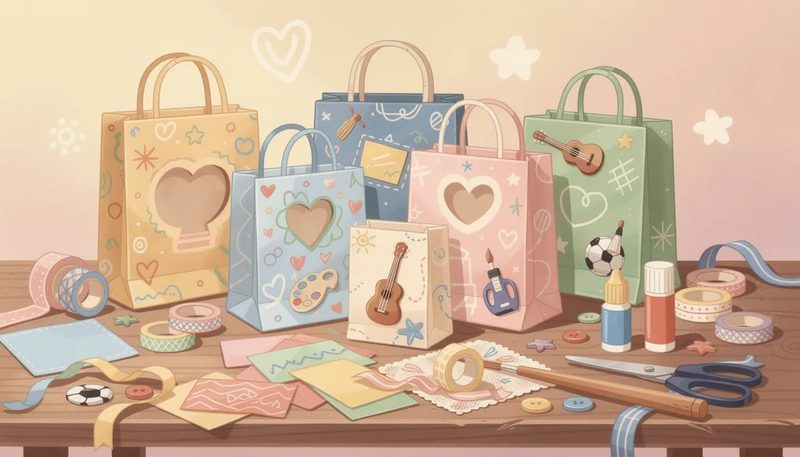 Kreativ gestaltete Geschenktüten mit personalisierten Elementen und Bastelideen.