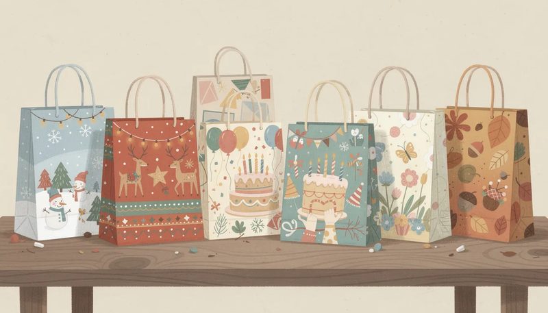 Geschenktüten für verschiedene Anlässe, darunter Weihnachten und Geburtstage, mit saisonalen Motiven.