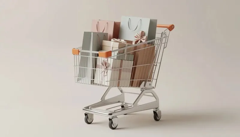 Ein Warenkorb voller geschenktüten und geschenkverpackungen, bereit für die Lieferung.