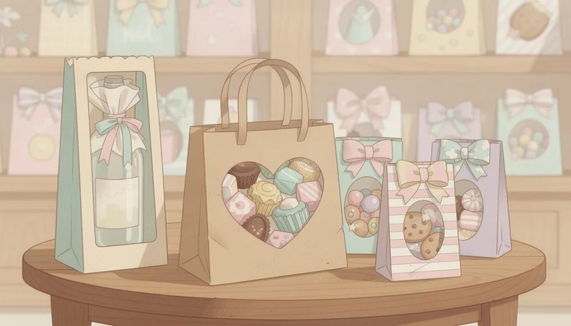 Geschenktüten mit Sichtfenster, die für verschiedene Produkte wie Pralinen und Flaschen verwendet werden.