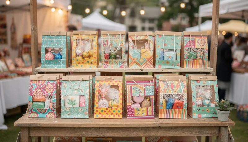 Geschenktüten mit Sichtfenster, die den Inhalt präsentieren.