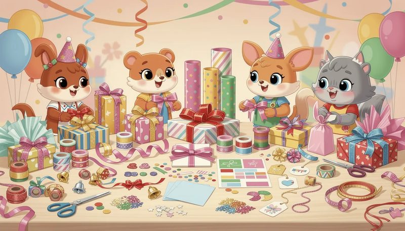 Nützliche Accessoires und Materialien zur Veredelung von Geschenkverpackungen.