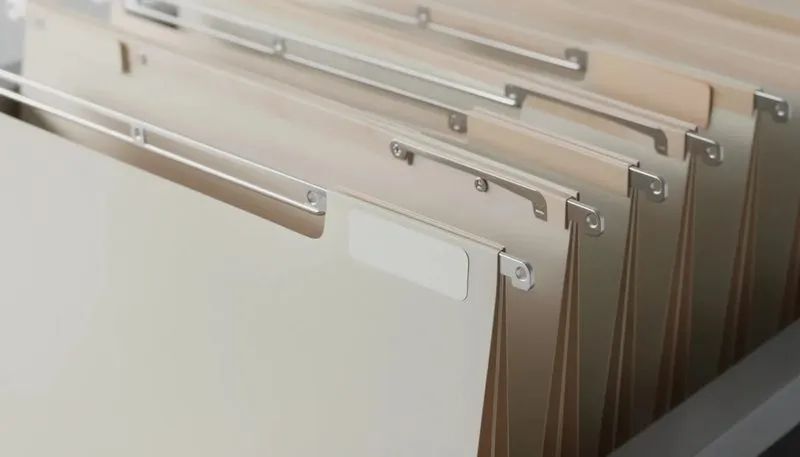 Nahaufnahme von Hängeheftern, die wichtige Merkmale wie Heftmechanik und Beschriftungsschildchen zeigen.