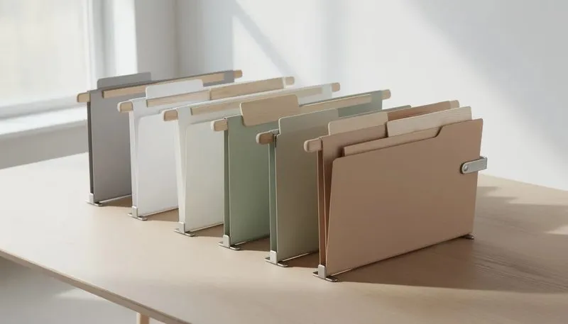 Ein Vergleich von verschiedenen Hängeheftern, die nebeneinander auf einem Tisch liegen.