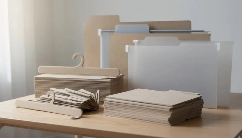 Materialien von Hängeheftern, einschließlich Recycling-Karton und Kunststoff, auf einem Tisch angeordnet.