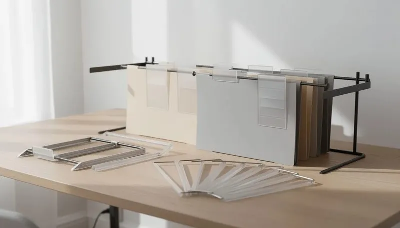 Zubehör für Hängemappen, einschließlich Hängeschienen und Reiter.