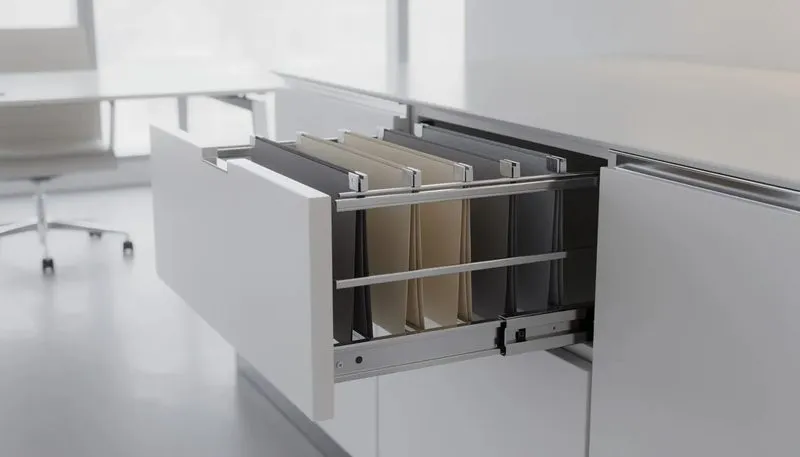 Hängeordner, die in einem Büromöbel eingesetzt sind, um die Kompatibilität zu zeigen.