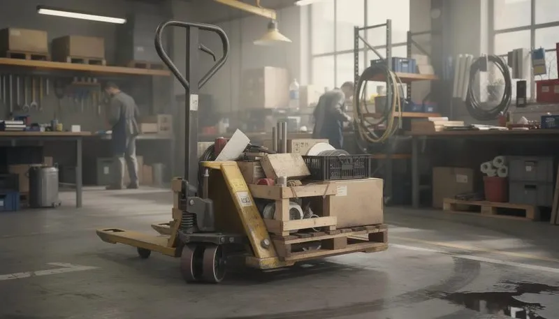Ein Handhubwagen im Einsatz in einer Werkstatt.