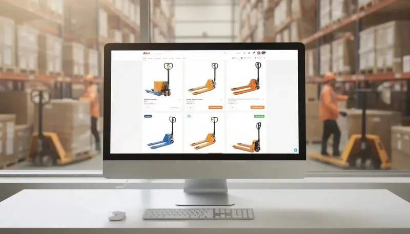 Online-Shop für Handhubwagen auf einem Computerbildschirm.