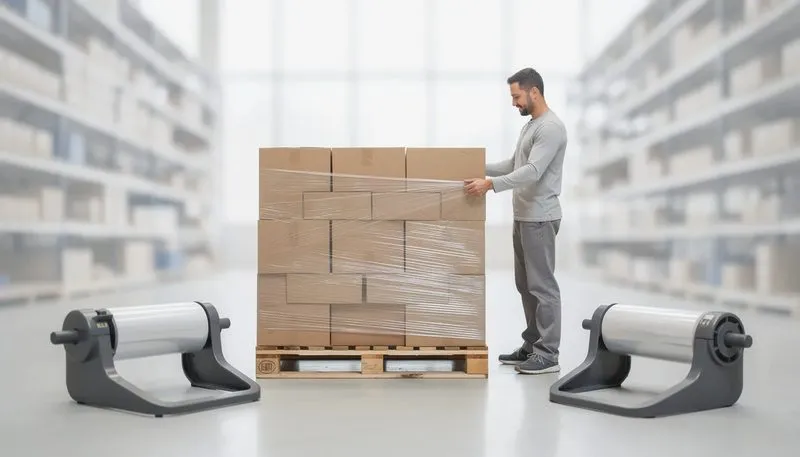 Optimale Handhabung von Handstretchfolie mit Abrollern für stabile Palettenladungen.