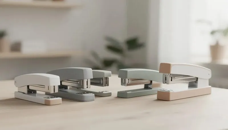 Eine Auswahl von Heftern und Tackern in verschiedenen Größen und Designs.