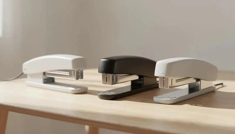 Verschiedene Tacker, einschließlich Handtacker und elektrische Tacker, auf einem Tisch.