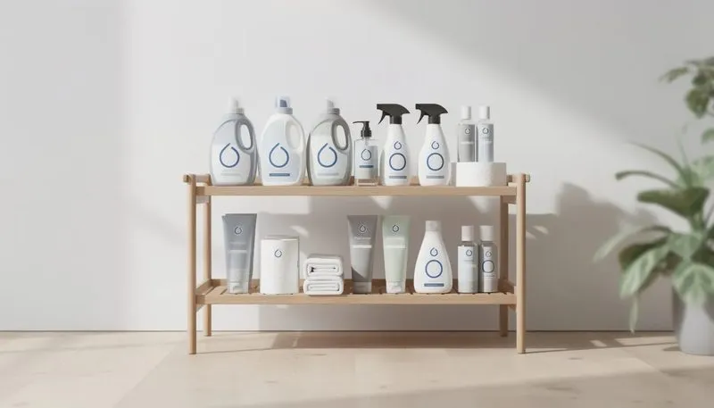 Umweltfreundliche Produkte mit Blauer Engel Zertifikat auf einem Regal.