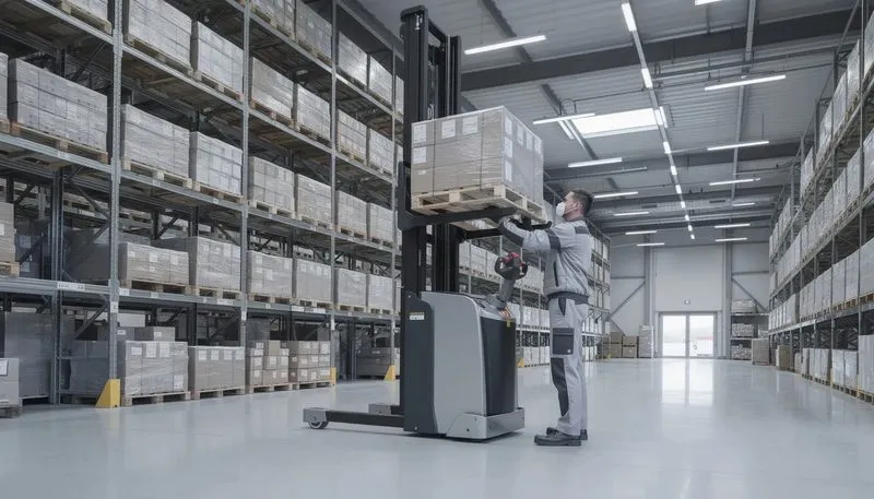 Ein Hochhubwagen beim Be- und Entladen von Waren in einem Lager.
