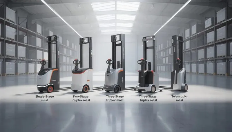 Verschiedene Mastarten von Hochhubwagen in einer Lagerumgebung.