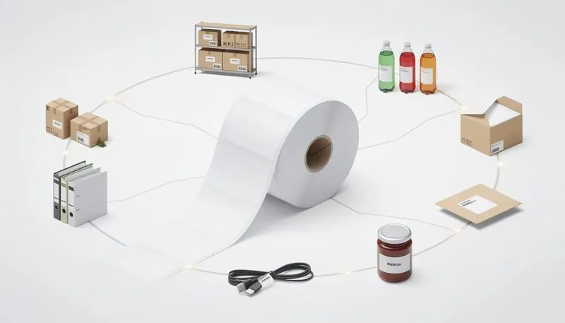 Endlosetiketten auf Rolle, die in verschiedenen Anwendungen eingesetzt werden können.