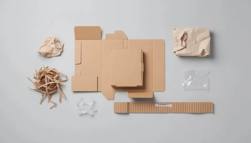 Materialien für DIN A5 Kartons, einschließlich Wellpappe und Füllmaterial.